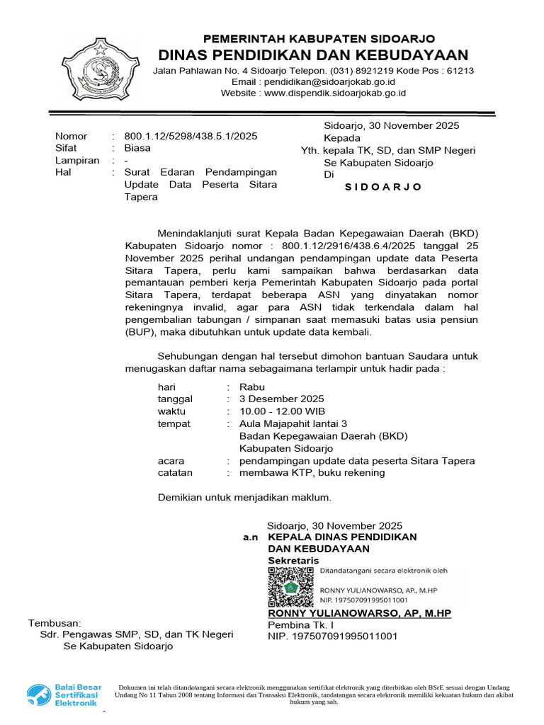 Surat Edaran Update Data ASN Sidoarjo | PDF