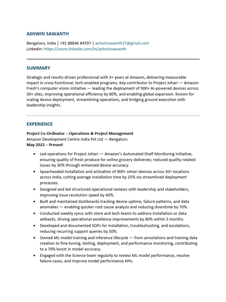 Amazon Project Coordinator Resume | PDF | Logistics | Project Management