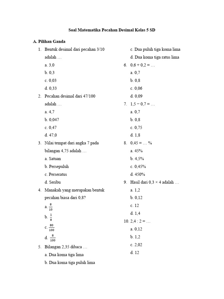 Soal Matematika Pecahan Desimal Kelas 5 | PDF
