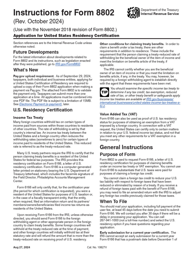 Form 8802 Instructions for Residency Certification | PDF | Irs Tax ...