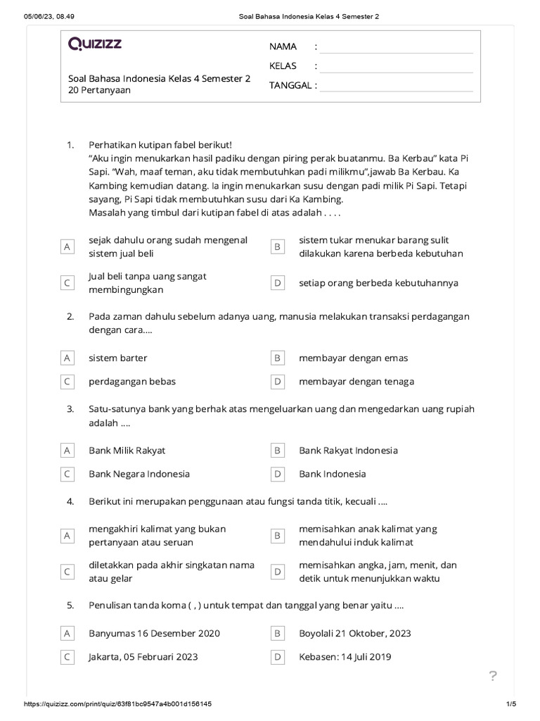 Soal Bahasa Indonesia Kelas 4 Semester 2 | PDF