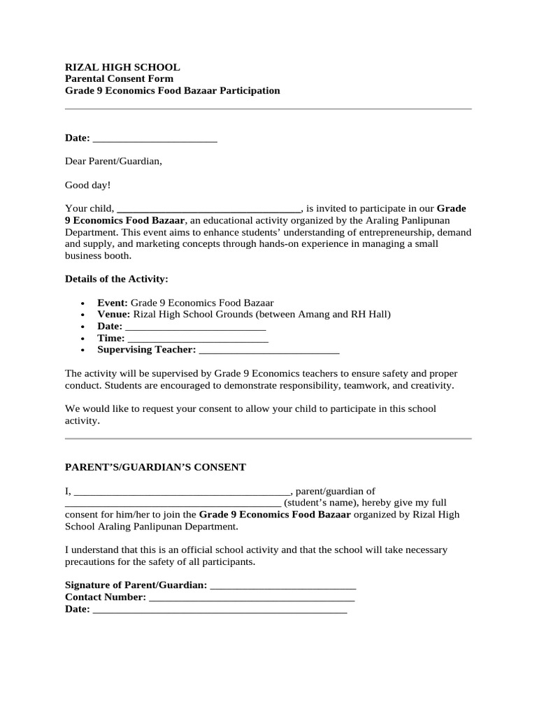 Grade 9 Economics Food Bazaar Consent Form | PDF
