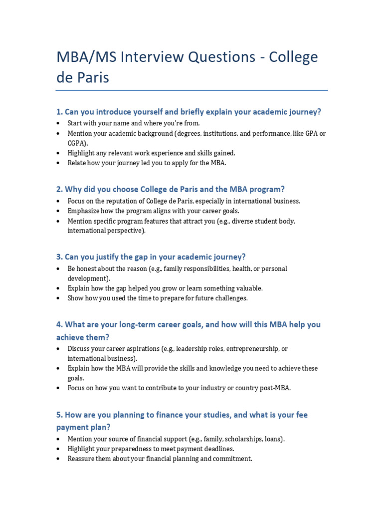 MBA/MS Interview Questions Guide | PDF | Master Of Business ...