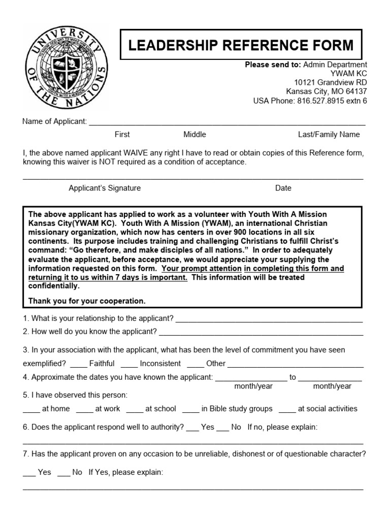 YWAM KC Volunteer Reference Form | PDF