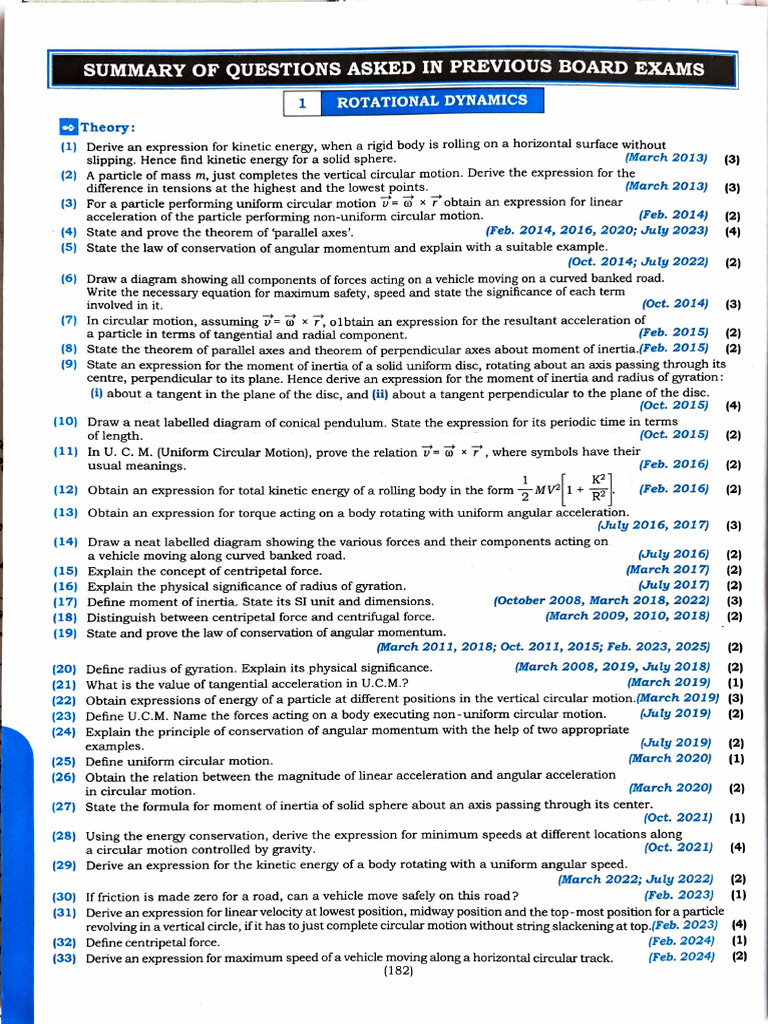 Board Exam Questions on Rotational Dynamics | PDF | Rotation Around A ...