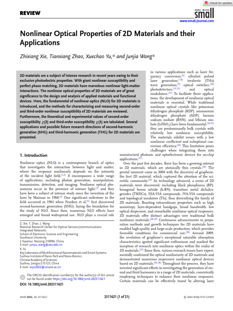 Nonlinear Optics in 2D Materials | PDF | Nonlinear Optics | Graphene