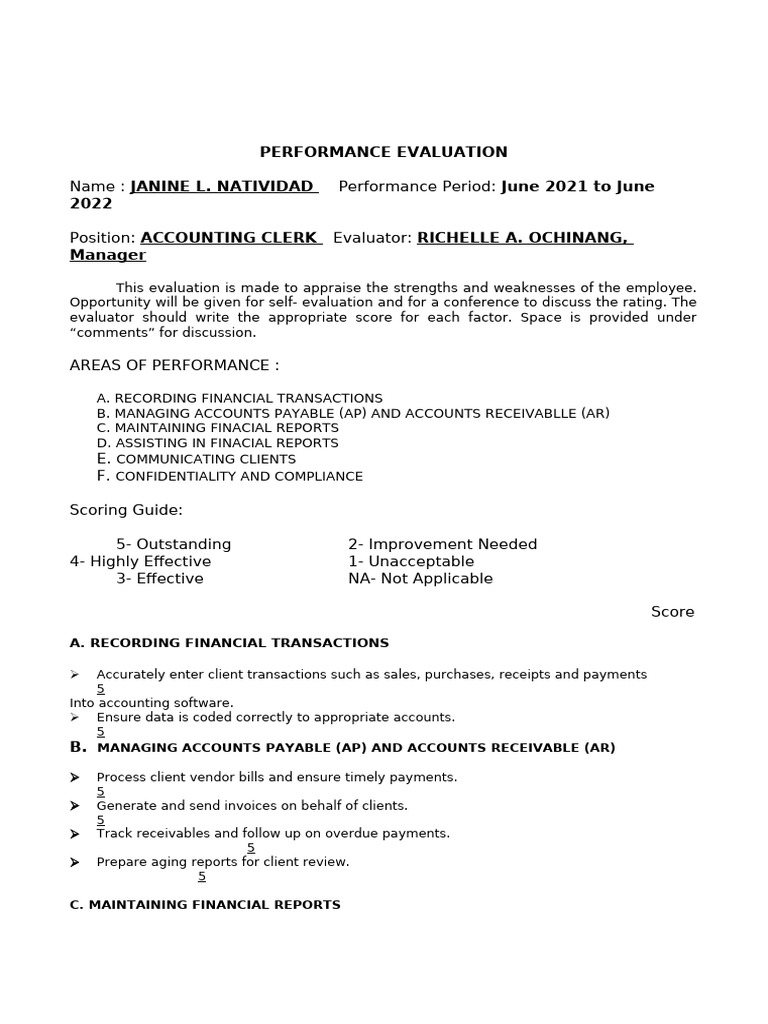 Janine Natividad Performance Review 2021-2022 | PDF | Bookkeeping ...