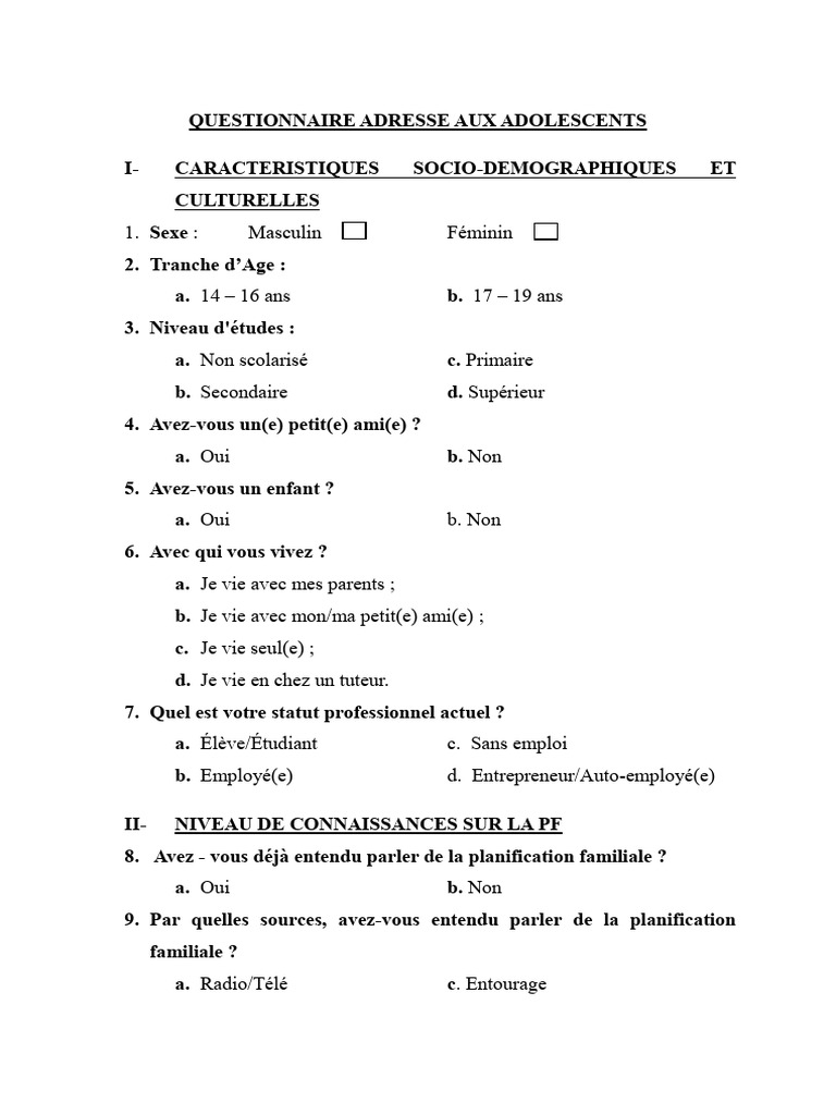 Questionnaire sur la Planification Familiale des Adolescents | PDF ...