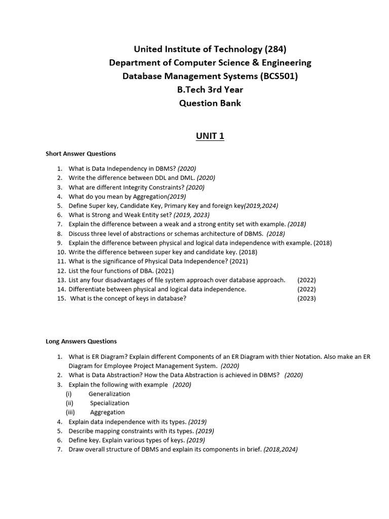 Database Management Systems Question Bank | PDF | Data Model ...