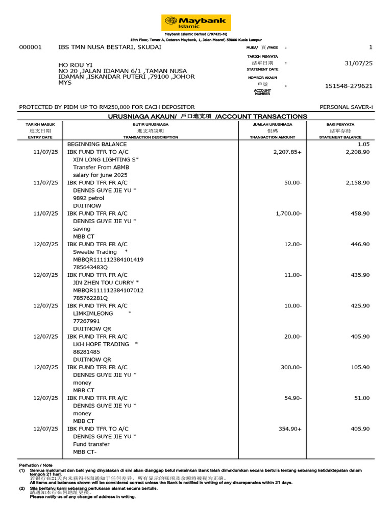 Account Transaction Statement Summary | PDF