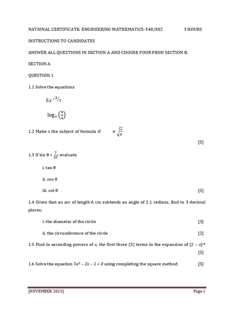 Engineering Mathematics Exam Questions | PDF | Area | Circle