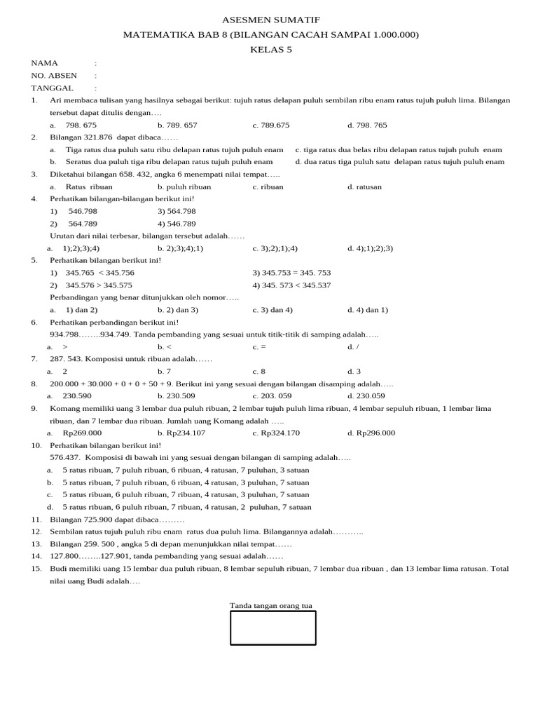 Soal Matematika Kelas 5: Bilangan Cacah | PDF