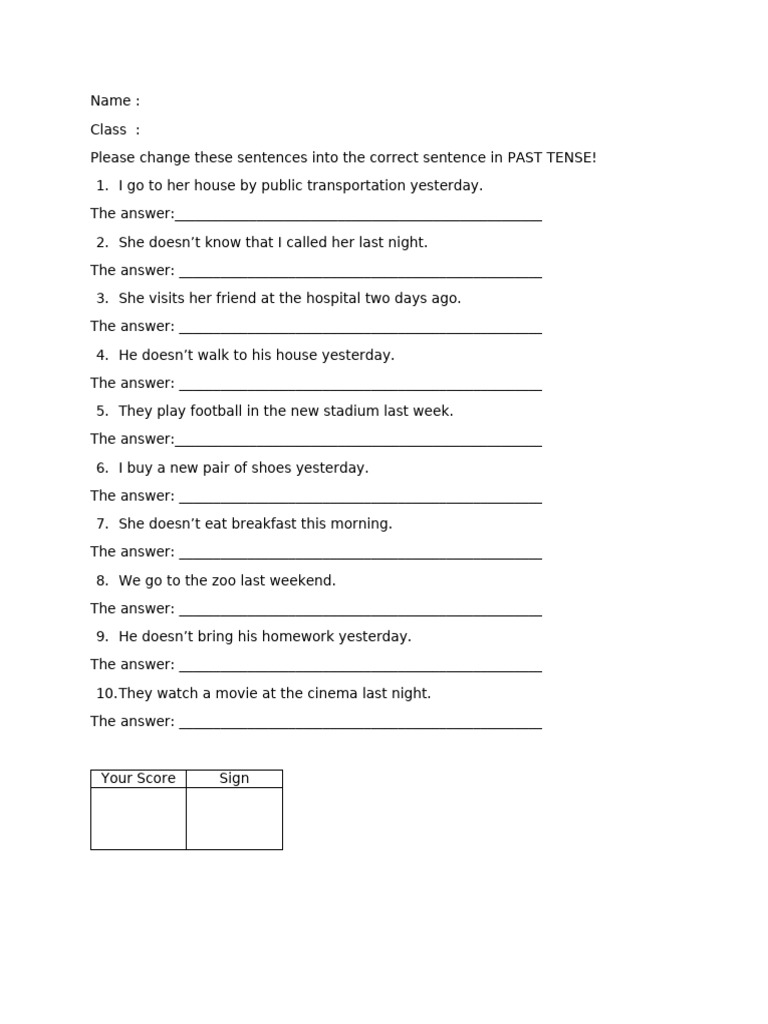 Past Tense Sentence Correction Exercise | PDF
