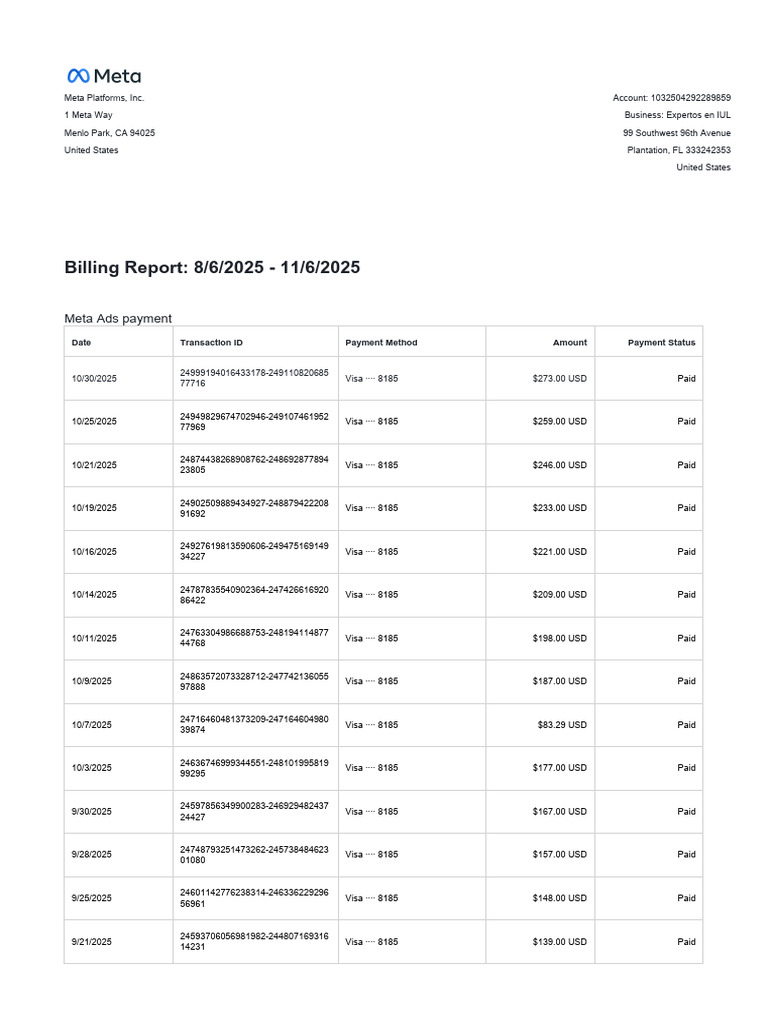 Meta Ads Billing Report Summary | PDF | Visa Inc. | Credit