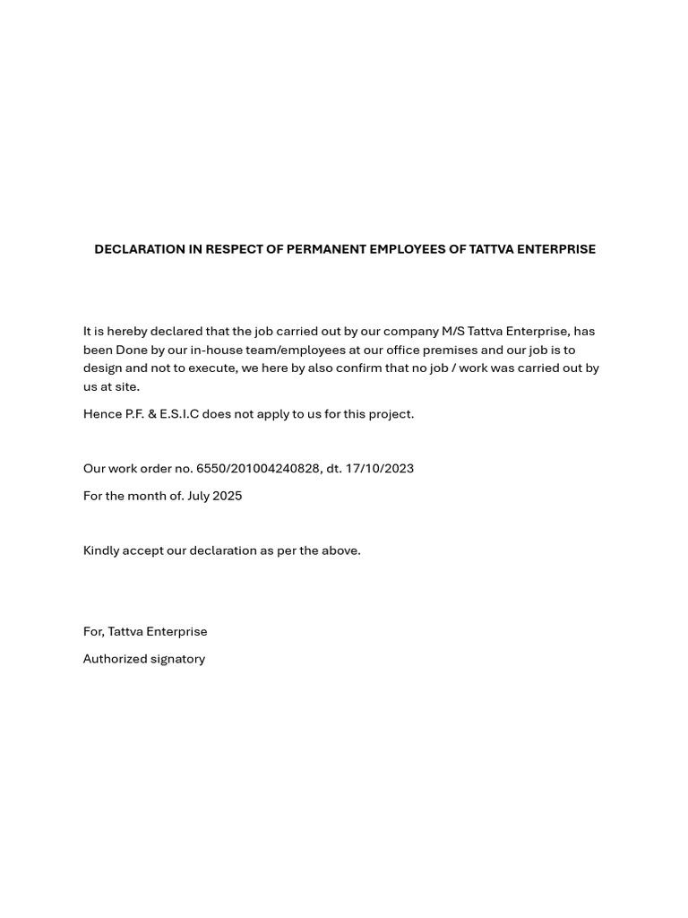 Declaration in Respect of Permanent Employees of Tattva Enterprise | PDF