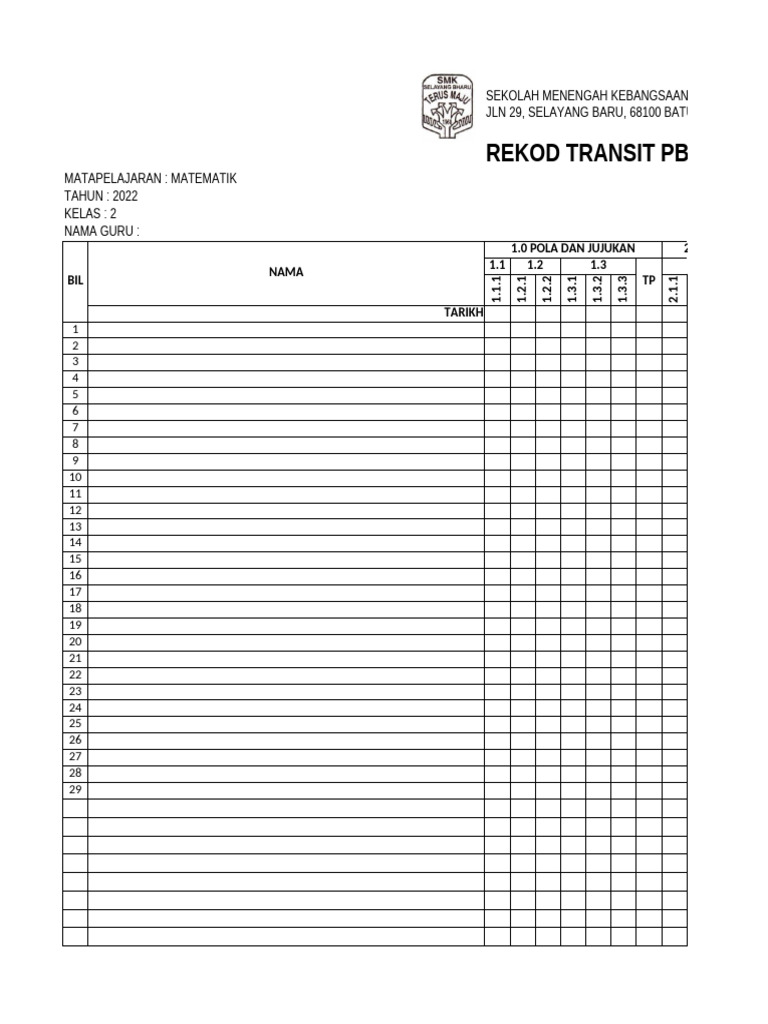 Rekod Transit PBD Matematik Ting 2 | PDF