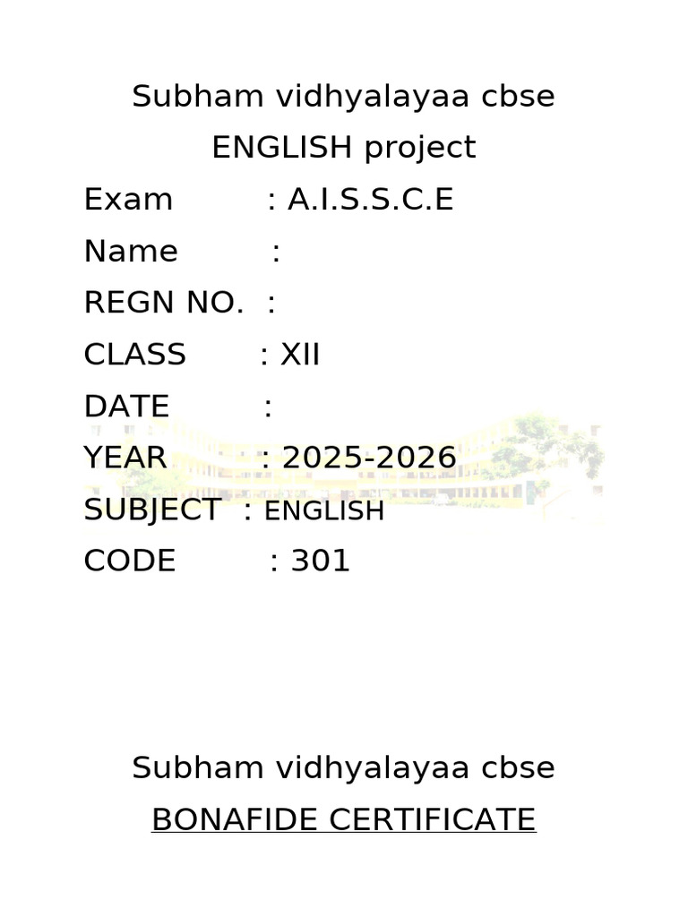 CBSE XII English Project Certificate 2025 | PDF