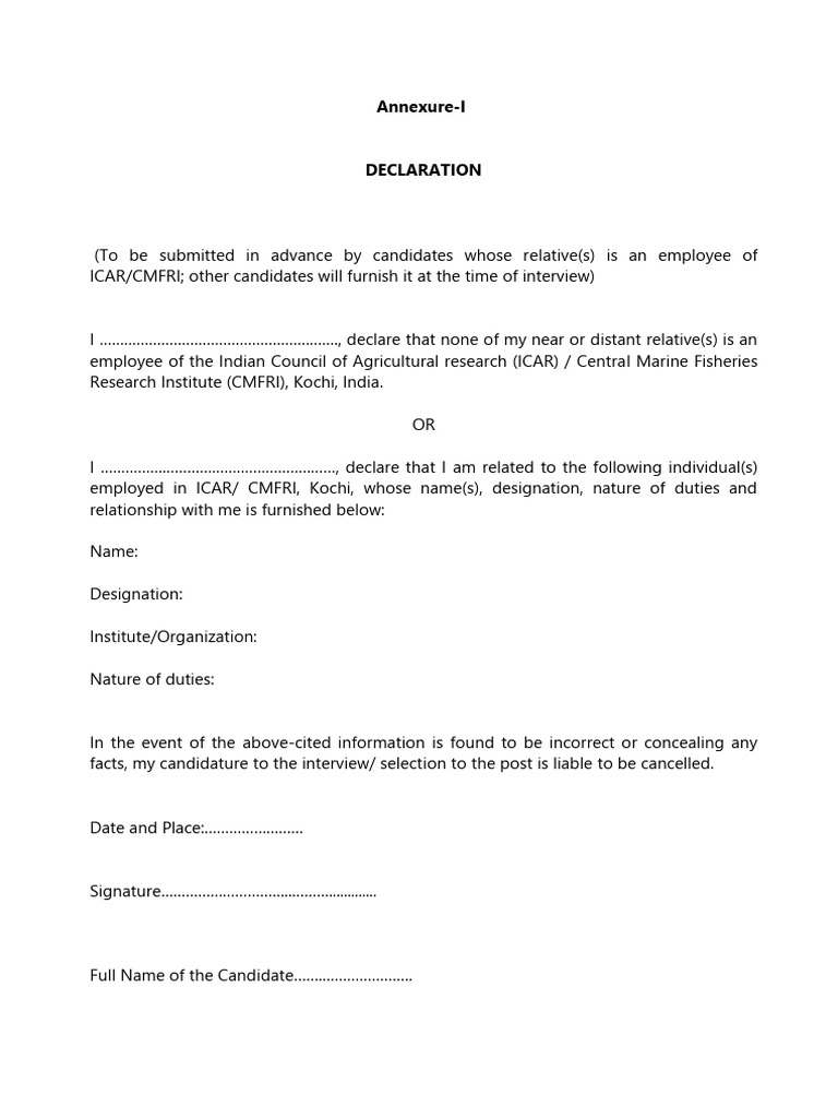 ICAR CMFRI Candidate Declaration Form | PDF