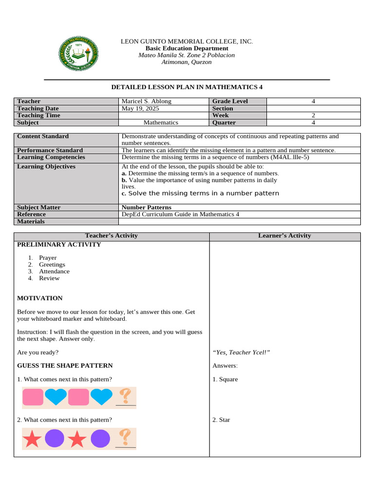 Grade 4 Math Lesson Plan: Number Patterns | PDF | Learning | Numbers