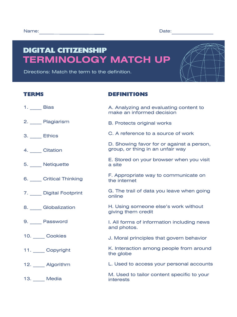 Digital Citizenship Terminology Match Up Education Worksheet in Blue ...