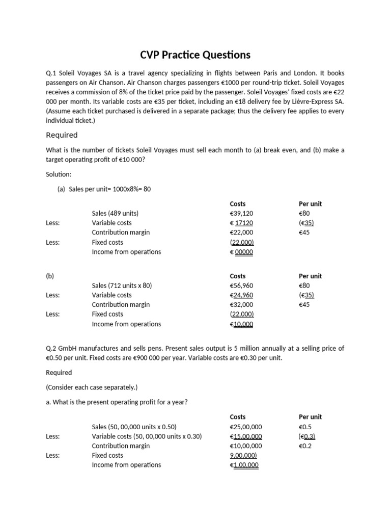 CVP Analysis Practice Questions and Solutions | PDF | Business ...
