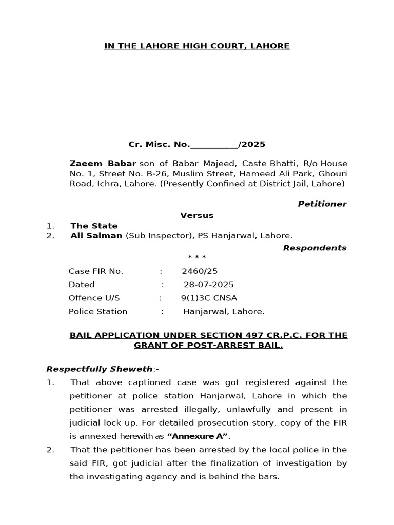 Lahore High Court Post-Arrest Bail Petition | PDF | Bail | Common Law