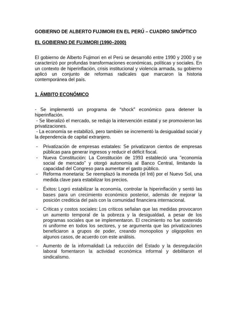 Gobierno de Fujimori en Perú (1990-2000) | PDF | Gobierno | Economía ...