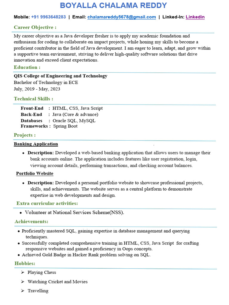 Java Developer Resume of Boyalla Chalama Reddy | PDF