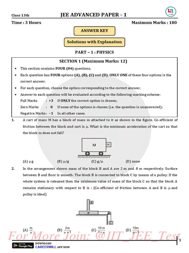 JEE Advanced Paper 1 Physics Questions | PDF | Orbit | Friction