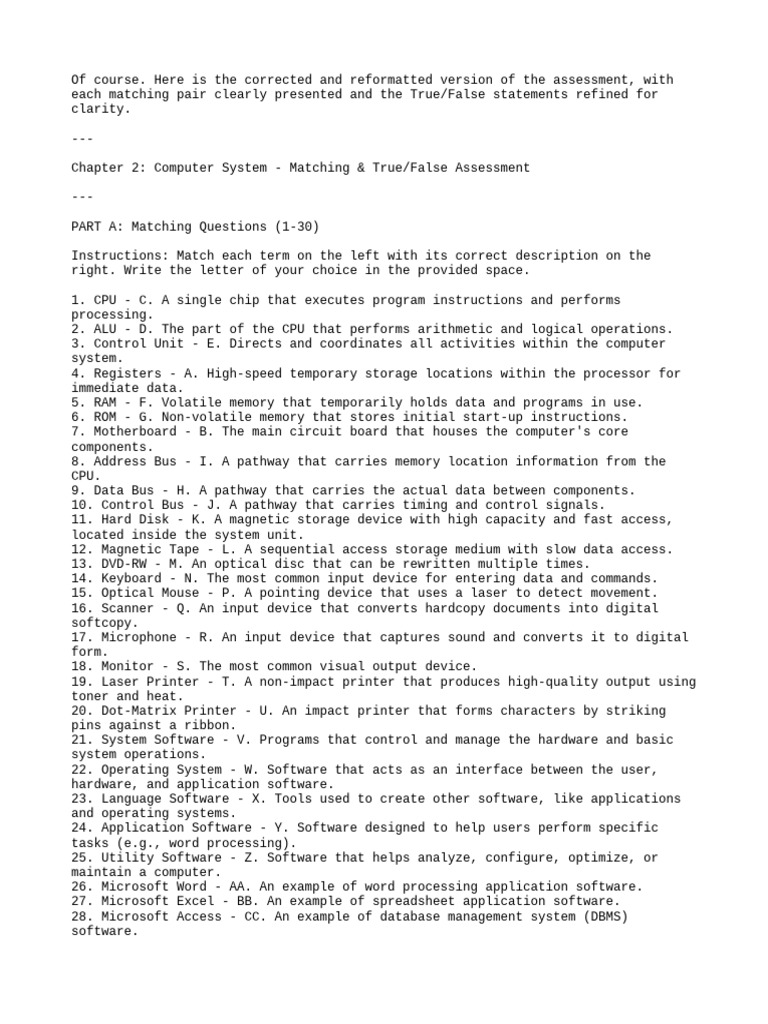 Computer System Assessment: Matching & T/F | PDF | Computer Data ...