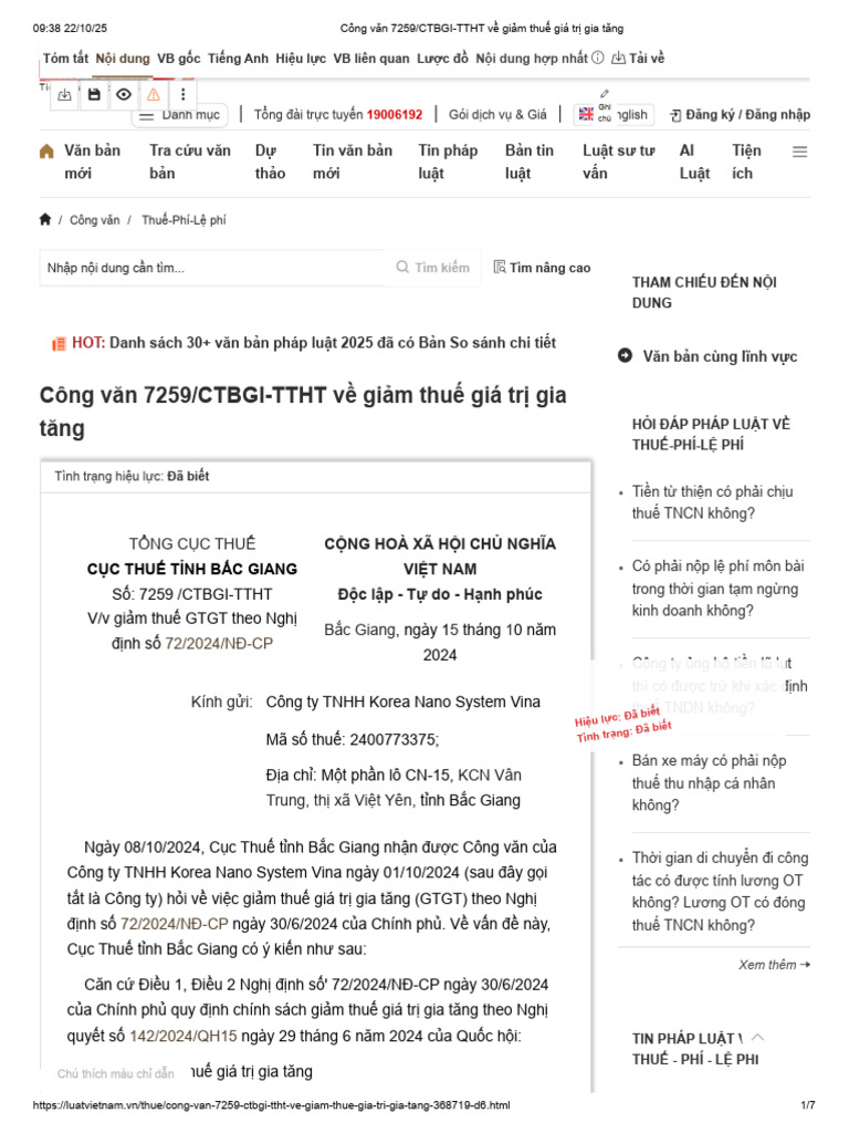 Công Văn 7259_CTBGI-TTHT Về Giảm Thuế Giá Trị Gia Tăng Gia Công Cơ Khí ...