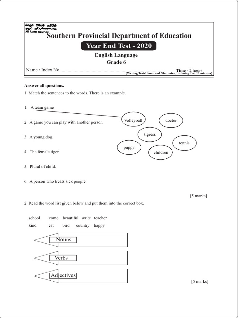 Grade 06 English 3rd Term Test Paper With Answers 2020 Southern ...