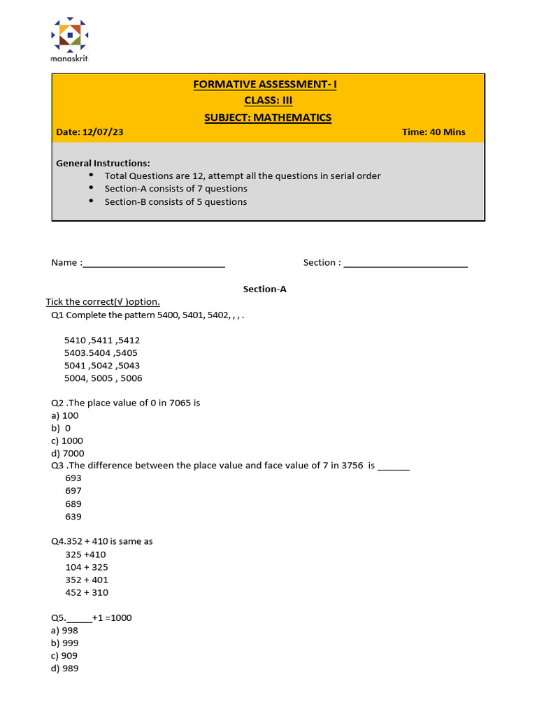 Maths Grade 3 FA 1 | PDF | Mathematics