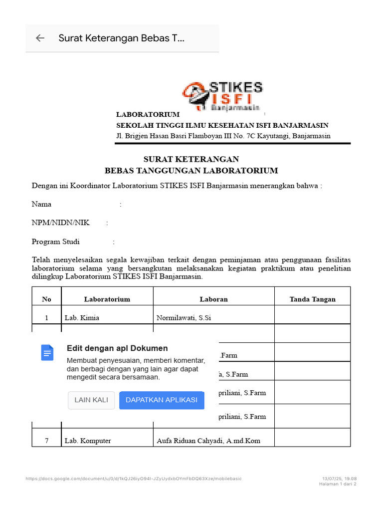Surat Bebas Tanggungan Laboratorium ISFI | PDF