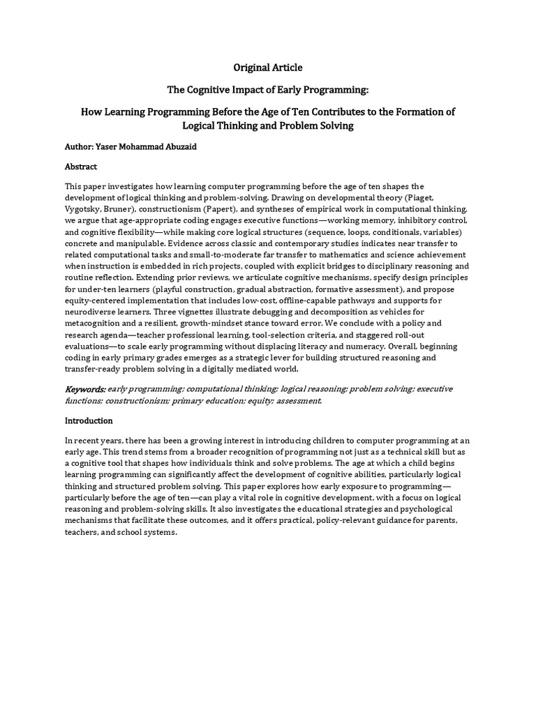 Early Programming's Cognitive Benefits | PDF | Computer Programming ...