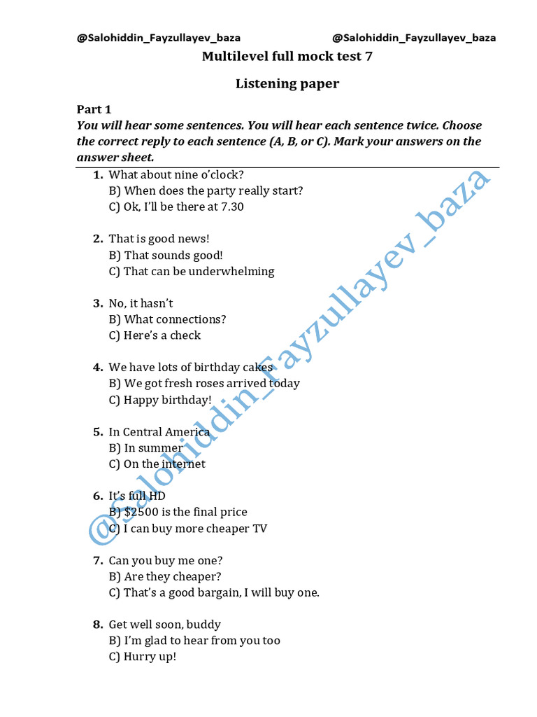 Multilevel Listening Mock Test 7 | PDF | Falconry | Halloween