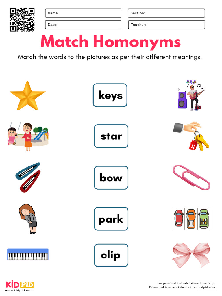 Match Homonyms Worksheet Printable | PDF | Lexical Semantics | Lexicology