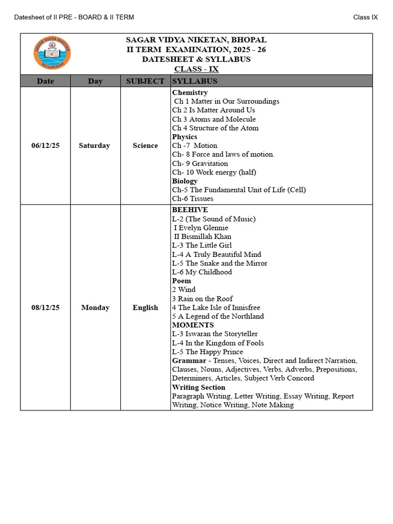 Class IX II Term Exam Datesheet 2025 | PDF | Geometry | Verb