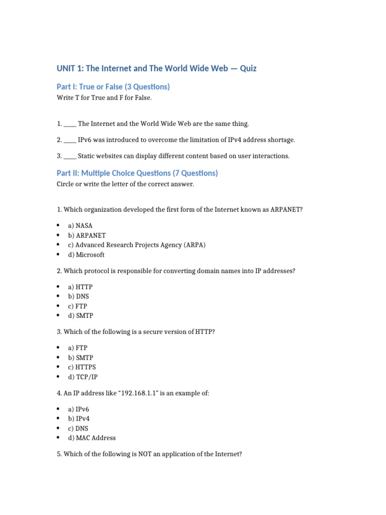 UNIT1 Internet and WWW Quiz | PDF