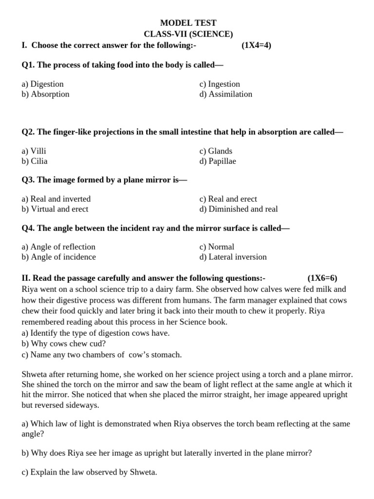 Class VII Science Model Test Questions | PDF