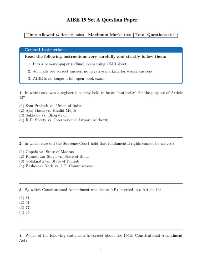 AIBE 19 Question Paper Set Aques | PDF | Arbitration | Common Law