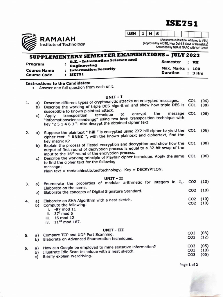Information Security Exam Questions 2023 | PDF | Cipher | Public Key ...