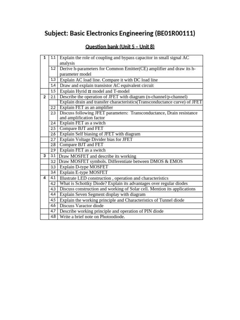 Basic Electronics Engg - Question Bank - Unit 5-8 | PDF
