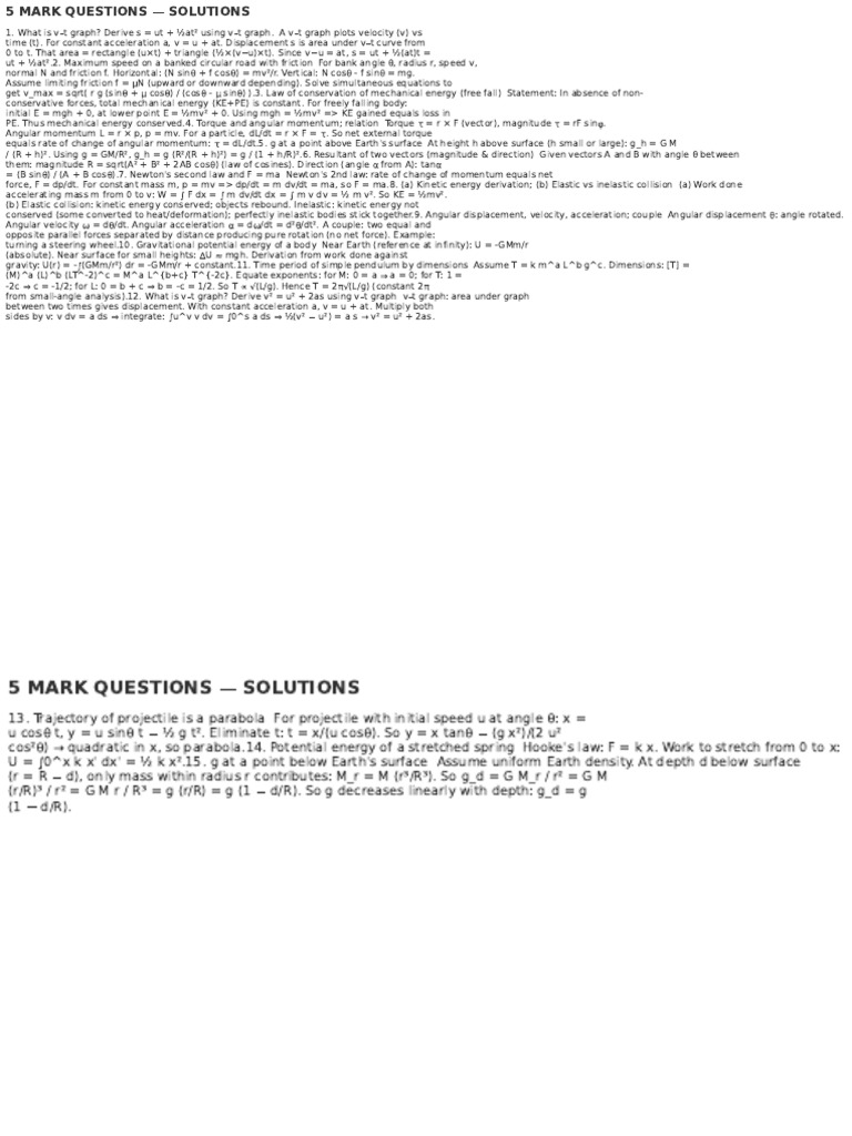 5 Mark Physics Questions and Solutions | PDF | Force | Velocity