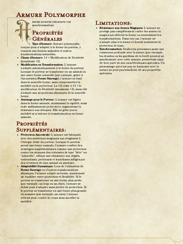 Armure Polymorphe - The Homebrewery | PDF