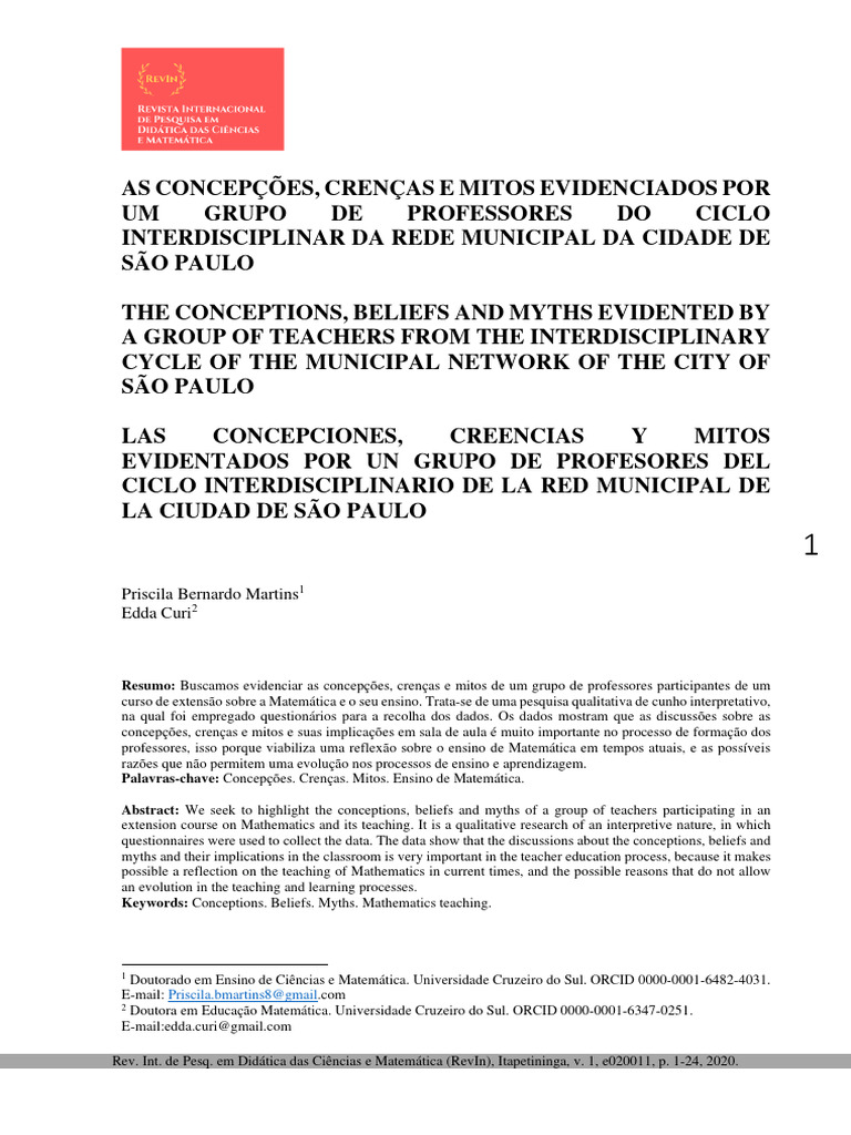 Crenças e Mitos no Ensino de Matemática | PDF | Ensino de Matemática ...