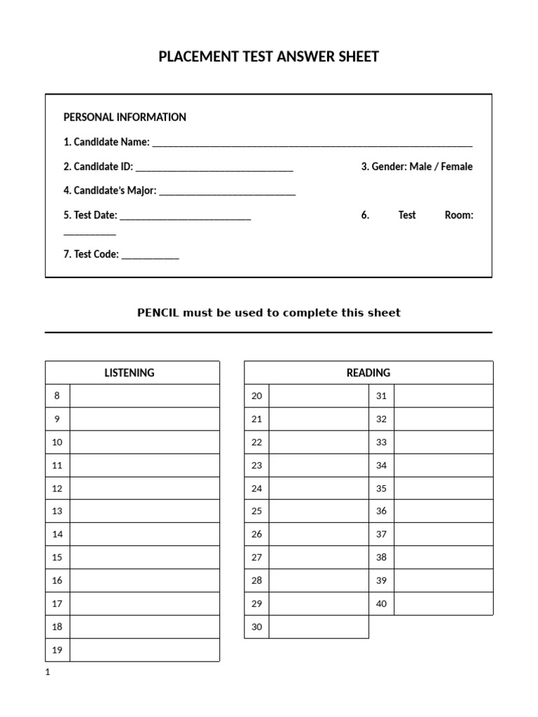 Placement Test Answer Sheet Template | PDF