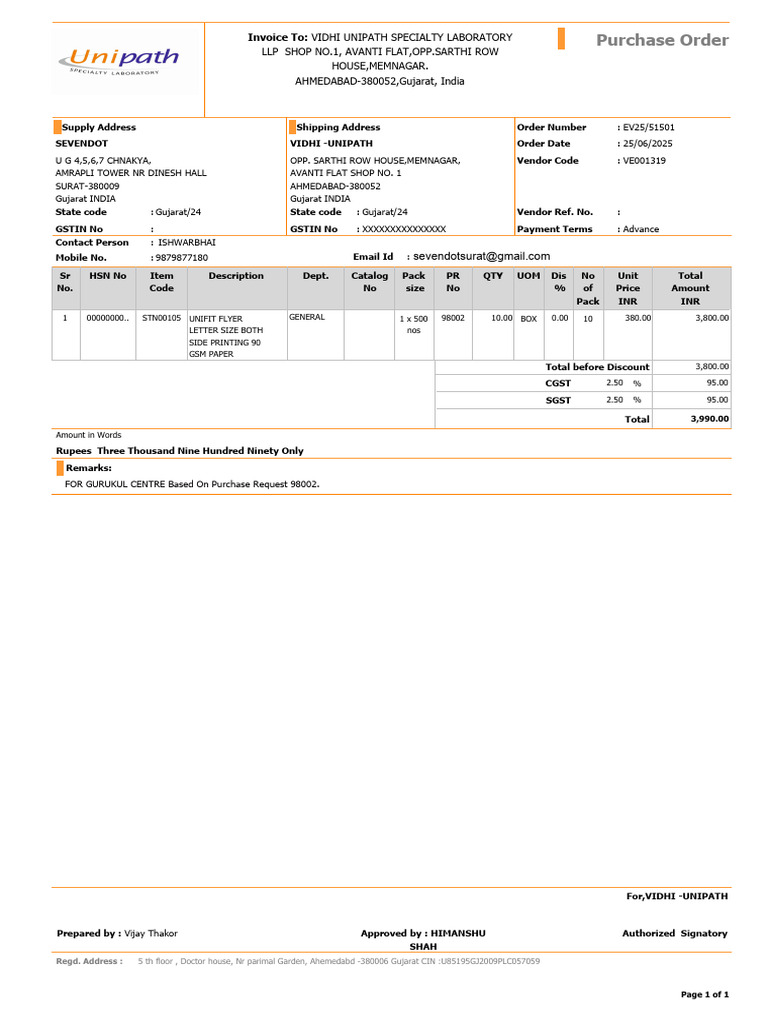 Purchase Order for Vidhi Unipath Lab | PDF
