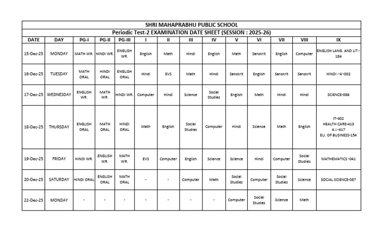 2025-26 Periodic Test 2 Exam Schedule | PDF