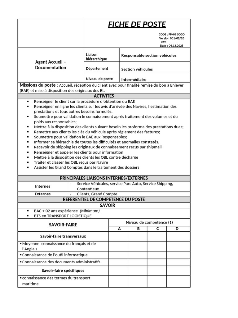 Fiche de Poste : Agent Accueil Documentation | PDF | Logiciel ...